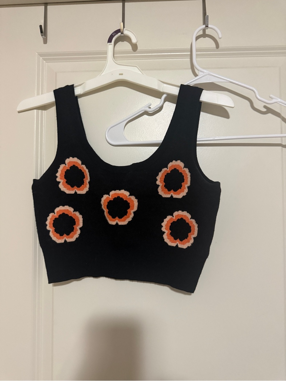 Black Floral Knit Crop Top with Orange Accents